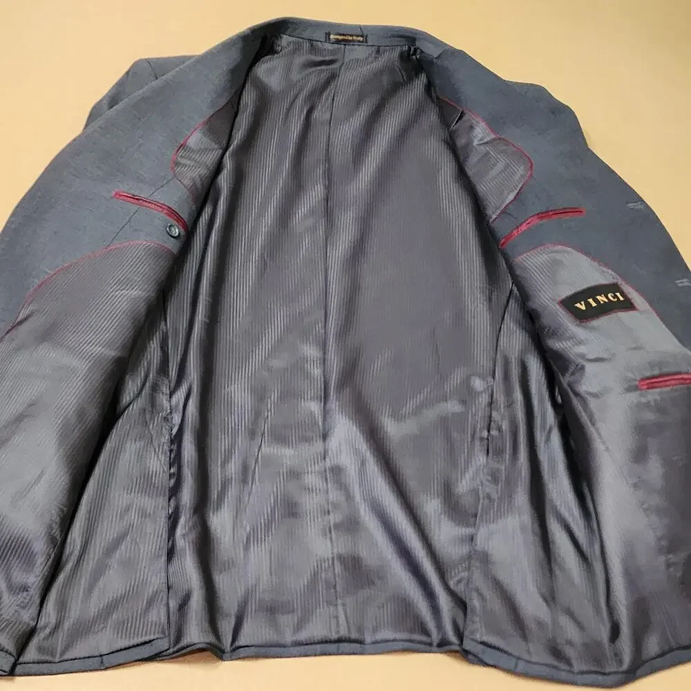 Vinci Suit Mens 44 38x29 Gray Poly Rayon Solid 3 Piece Classic Fit Notch Lapel